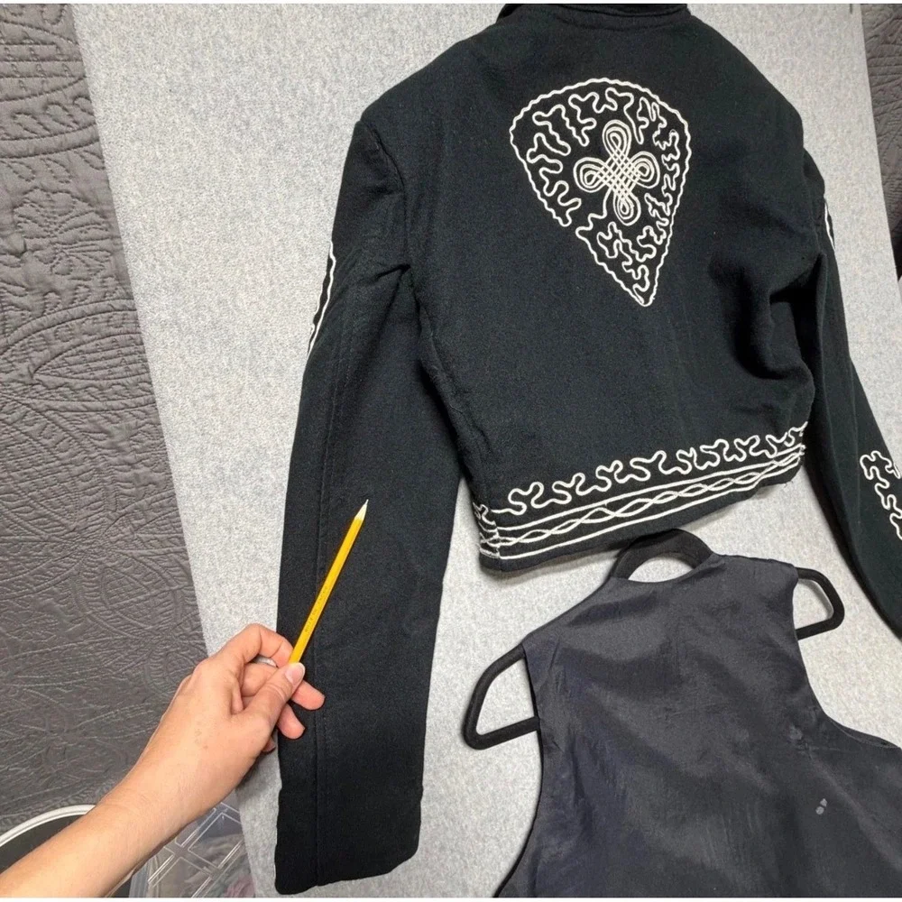 Vintage Black White Soutache Embroidered Bolero Jacket and Vest Set Mens Small